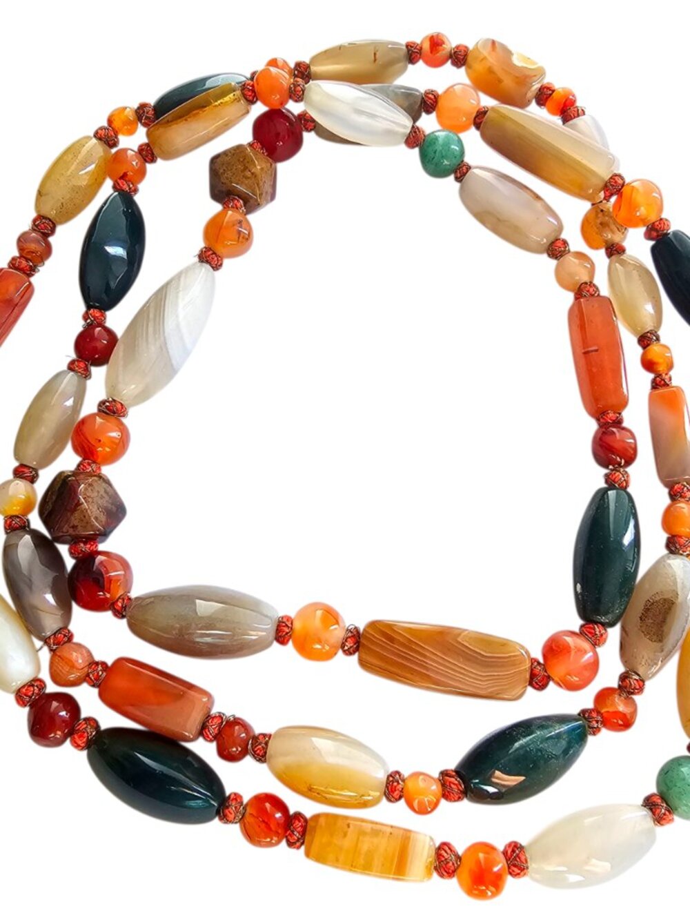 Vintage Boho Chunky Polished Multi-Color Agate Beaded Necklace — Long Statement